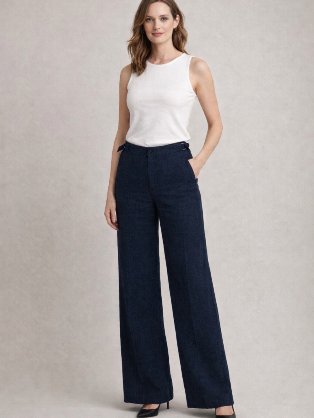 Charles Nolan New York Blue Linen Lined Wide Leg Trouser Side Cinch Pants 8
